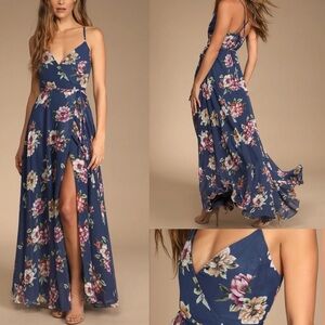 Lulus Always There For Me Navy Blue Floral Print Wrap Maxi Dress NWT | XS